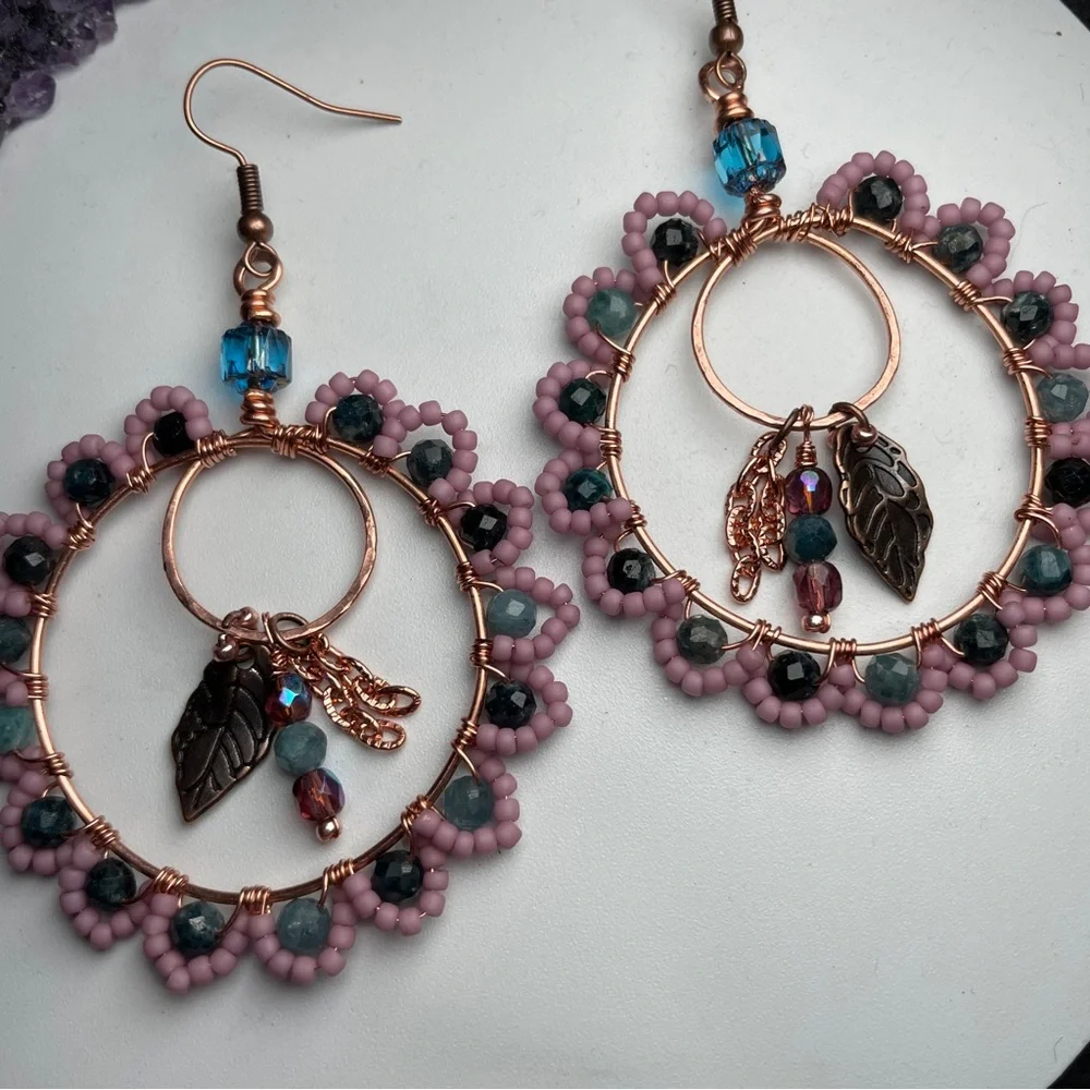 Midnight Garden Tourmaline Hoops Copper Artisan Earrings